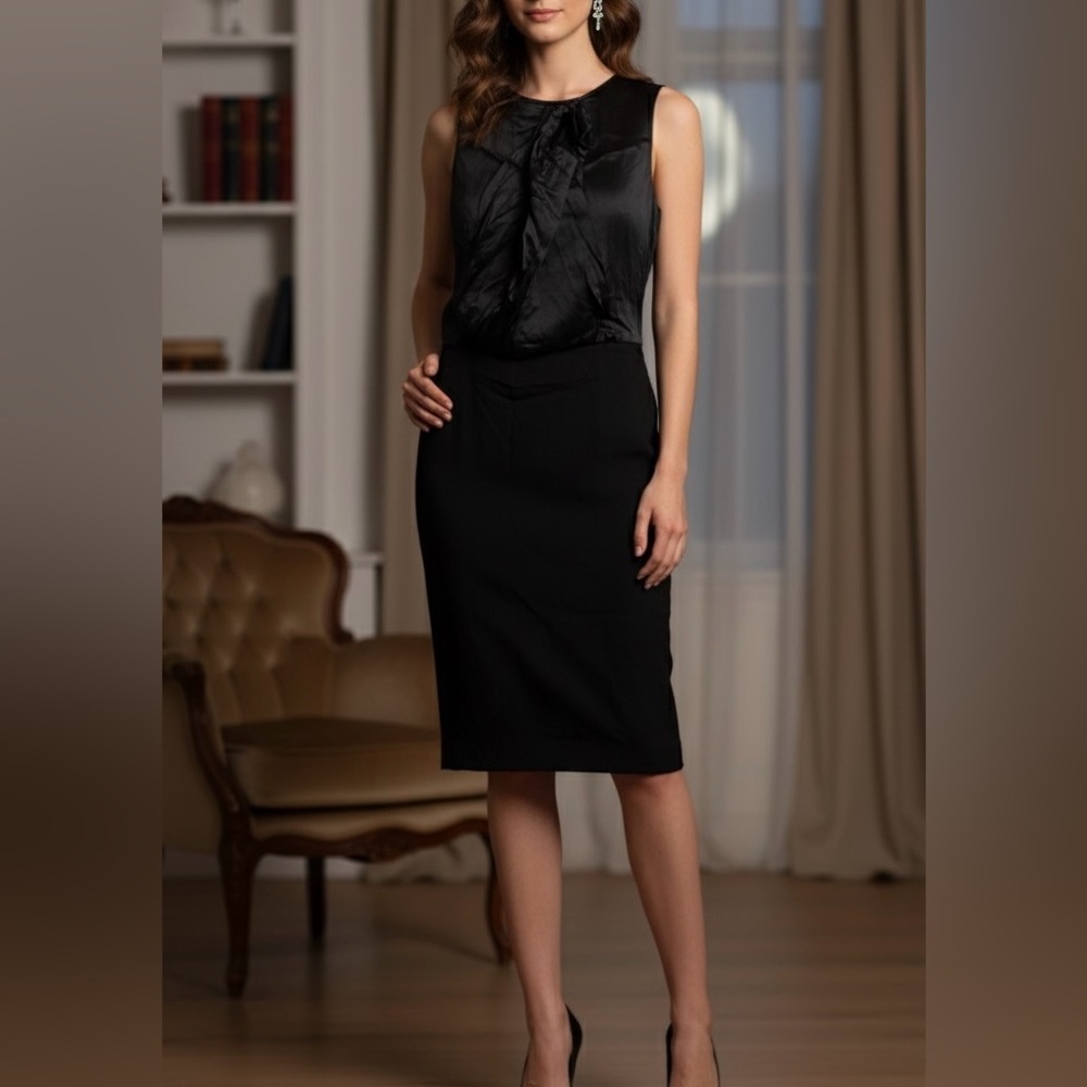 ELLEN TRACY 100% Silk Wool Sheath Dress Sz 2 Black Drape Ruched Front Lined LBD